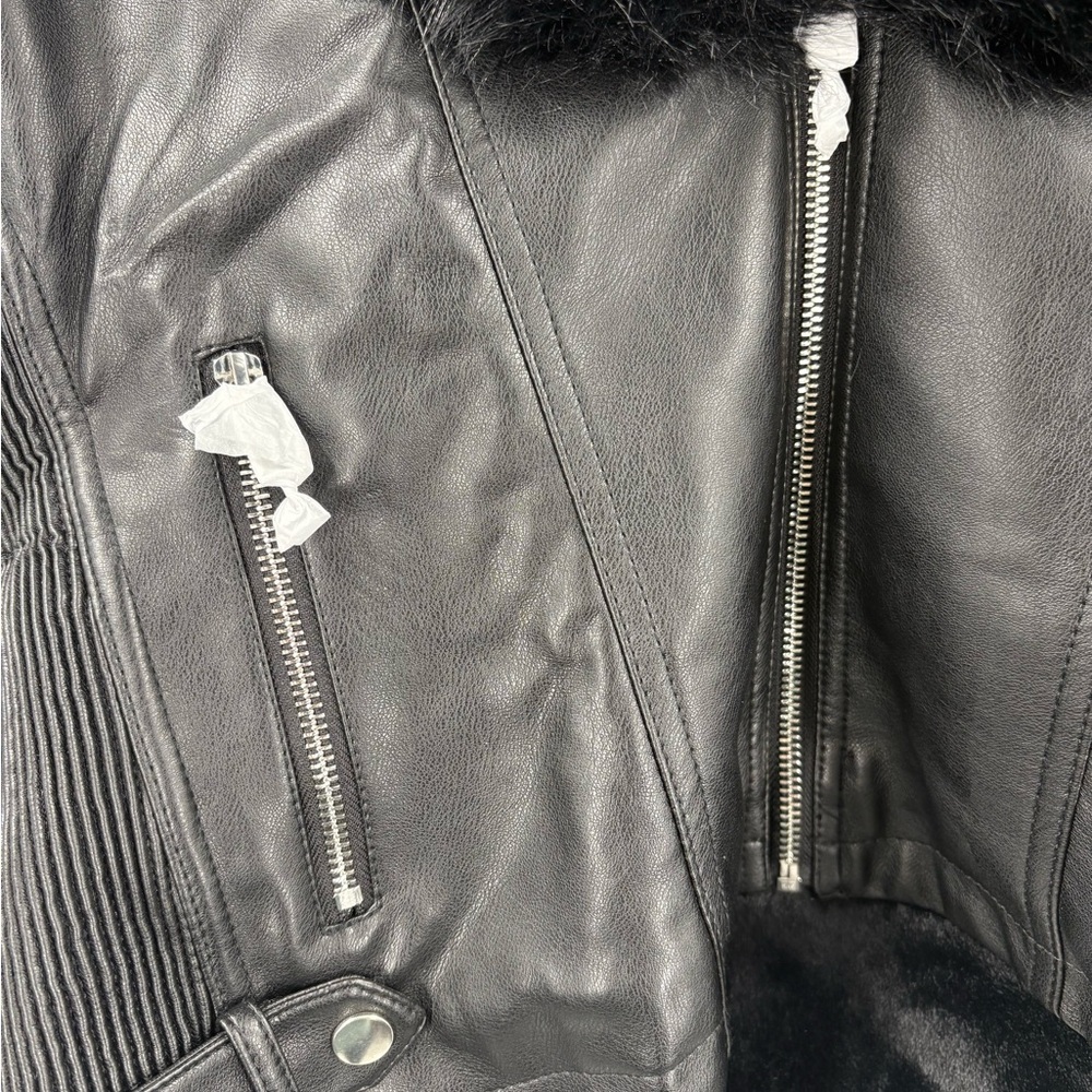 NWT Bellivera Faux Fur Black Leather Moto Biker Jacket size Large - Picture 5 of 9